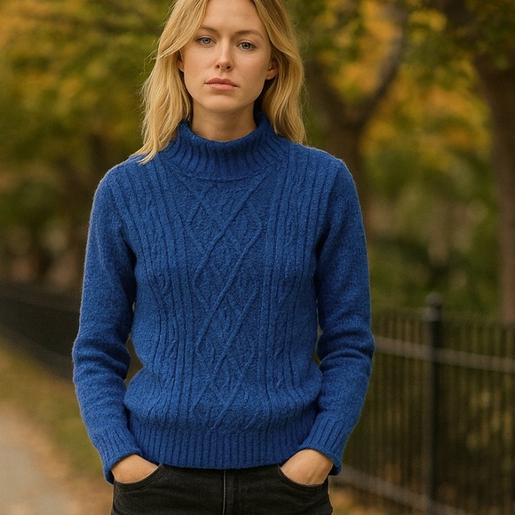 Alfred Dunner Women's Petite Blue Cable Knit Mock Neck Sweater - Picture 1 of 6